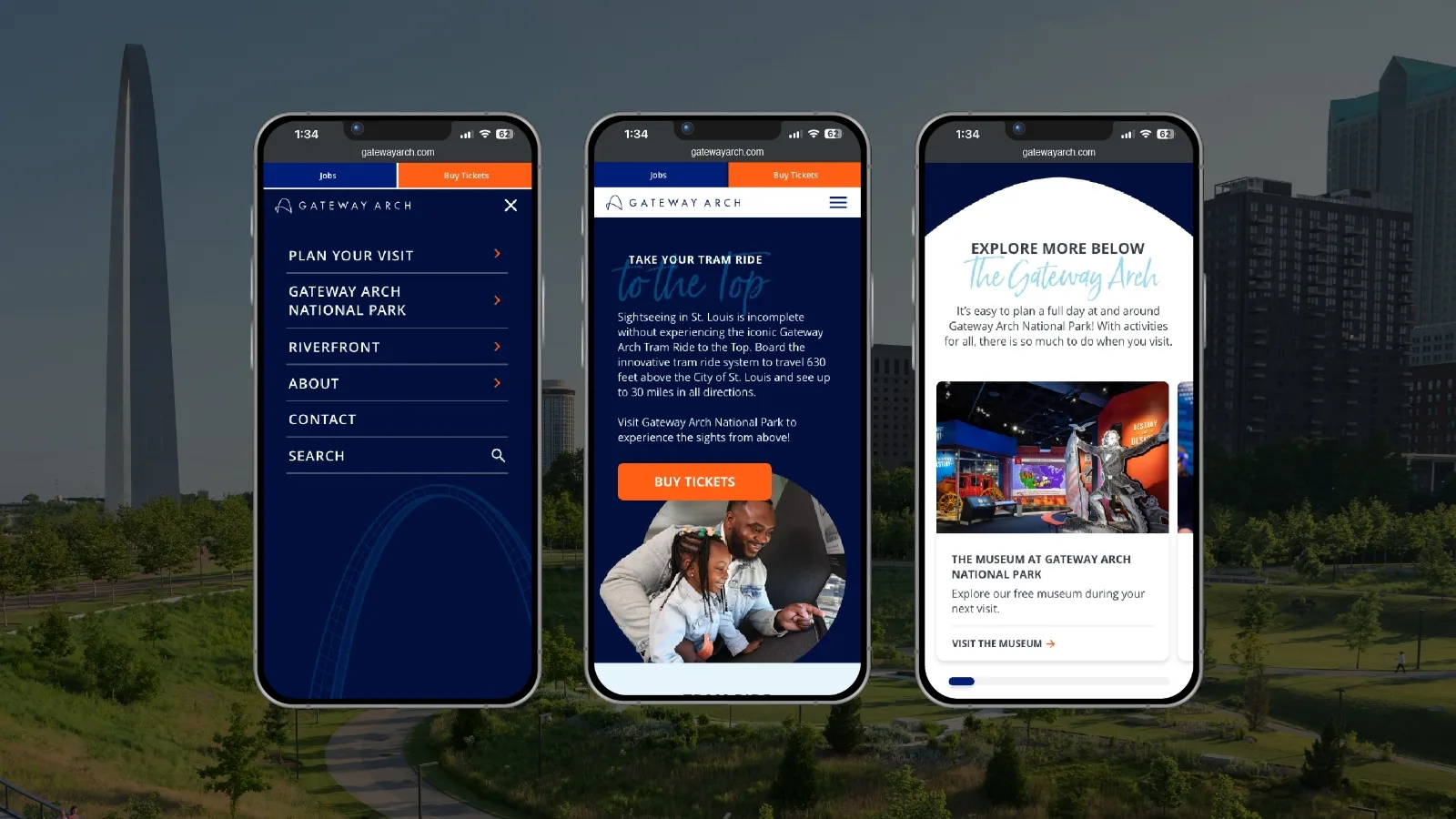 3 mobile screens from the gateway arch website