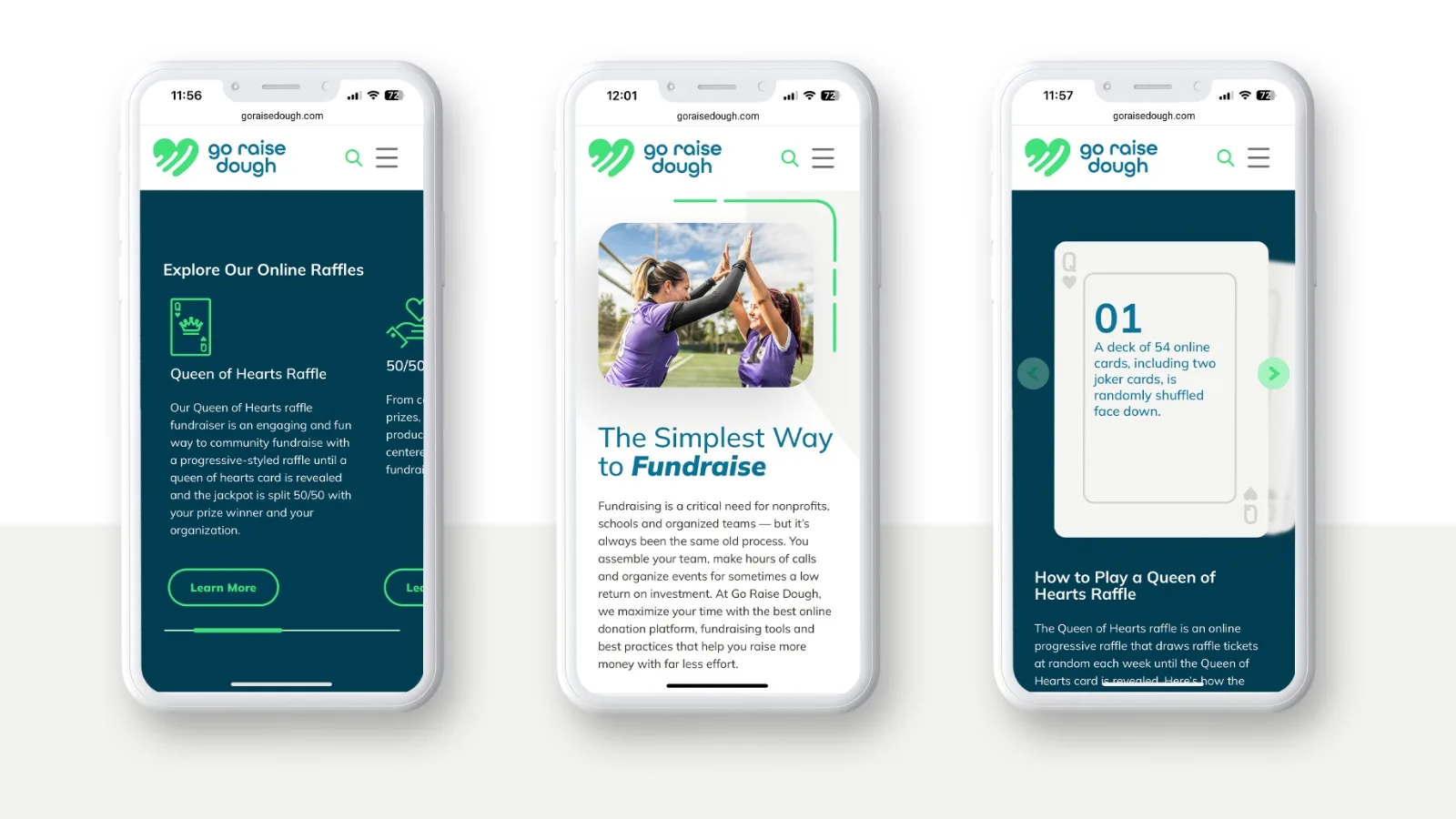 3 mobile screens from the go raise dough website