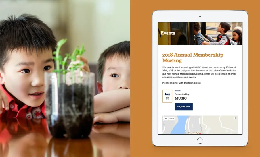 MUSIC tablet view of event page with two children engaged in a learning project