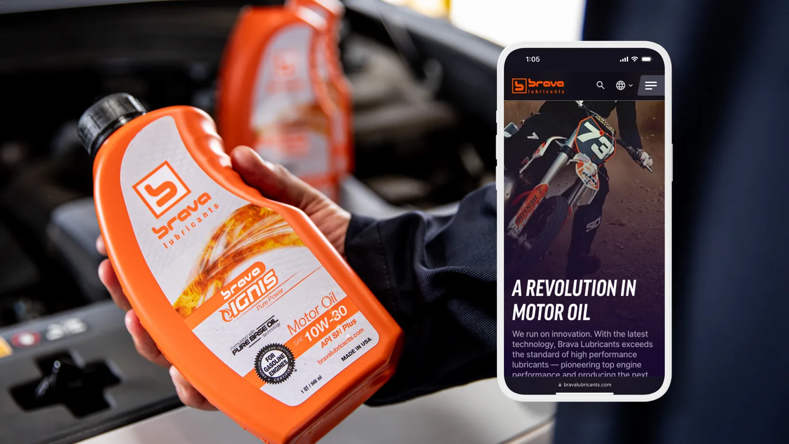 Mobile phone with homescreen shown atop of an image of a mechanic holding a brava oil bottle