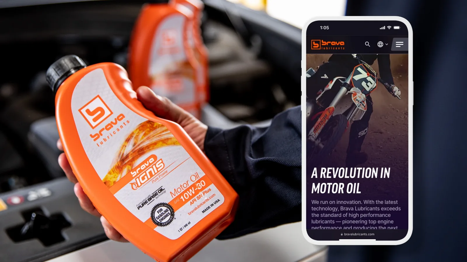 Brava lubricants homepage mobile view with product bottle