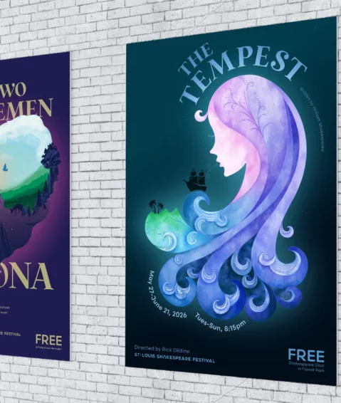 Two posters Paradigm designed for the St. Louis Shakespeare Festival's productions of The Tempest and Two Gentlemen of Verona.
