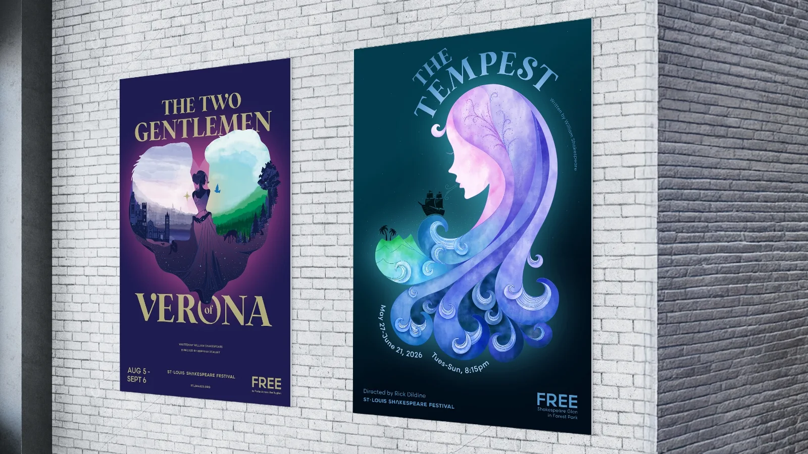 Two posters Paradigm designed for the St. Louis Shakespeare Festival's productions of The Tempest and Two Gentlemen of Verona.