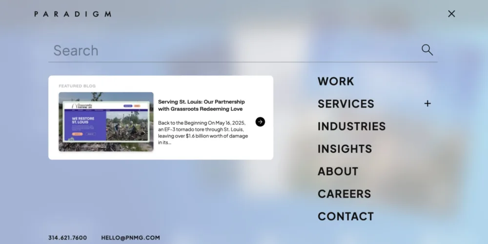 A full-screen menu navigation used on Paradigm's new website.
