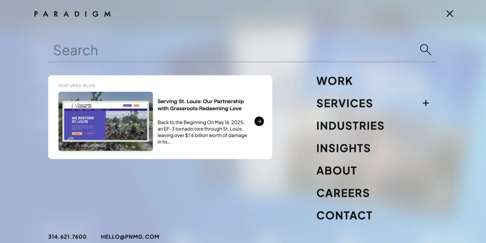 A full-screen menu navigation used on Paradigm's new website.