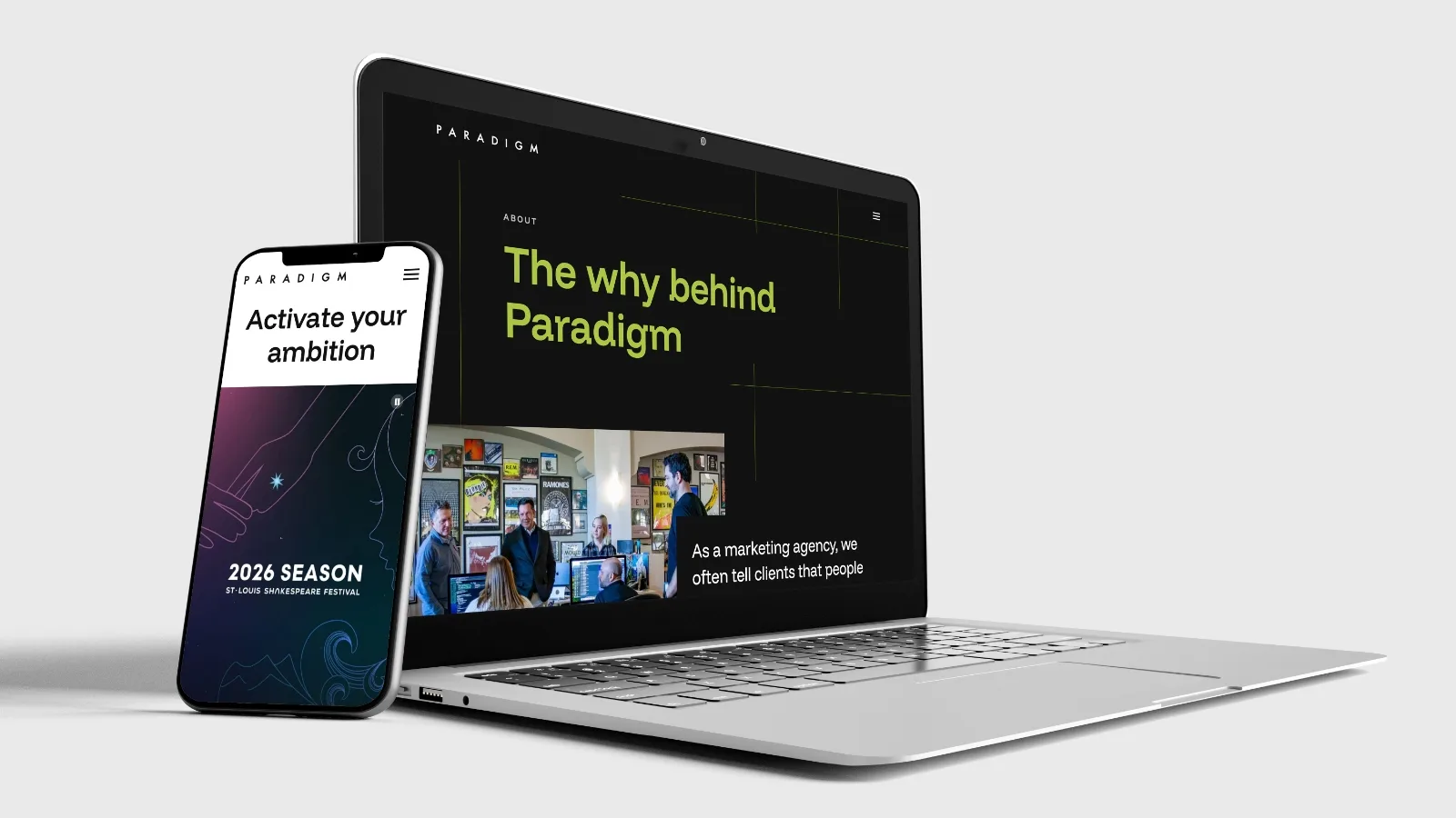 A laptop and phone displaying Paradigm's new creative agency website.