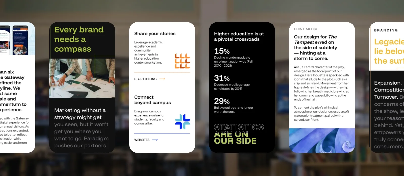 Screenshots of Paradigm's new website messaging on service pages, industry pages and case studies.
