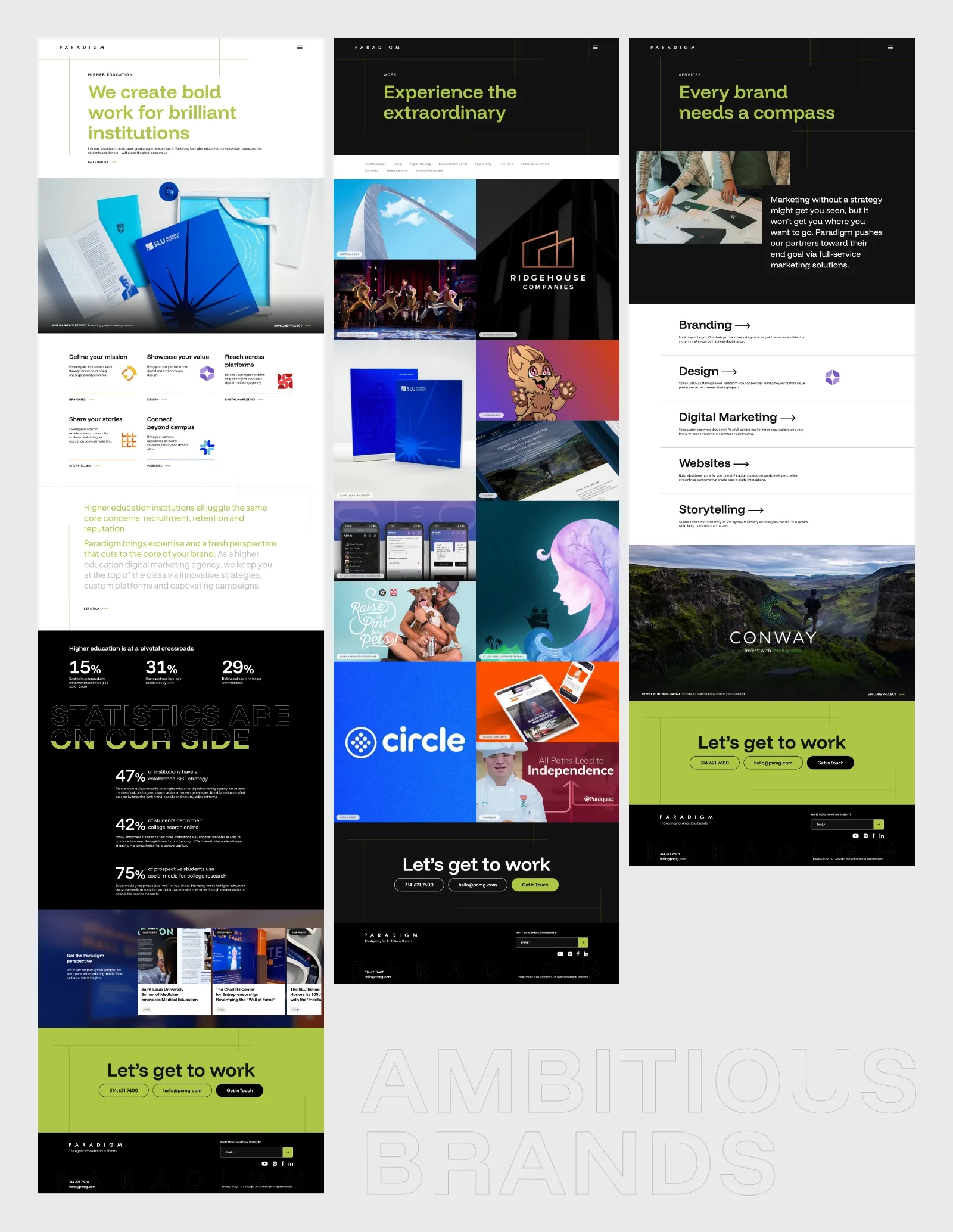 Screenshots showing the design of industry pages, workpages and service pages on Paradigm's new website.