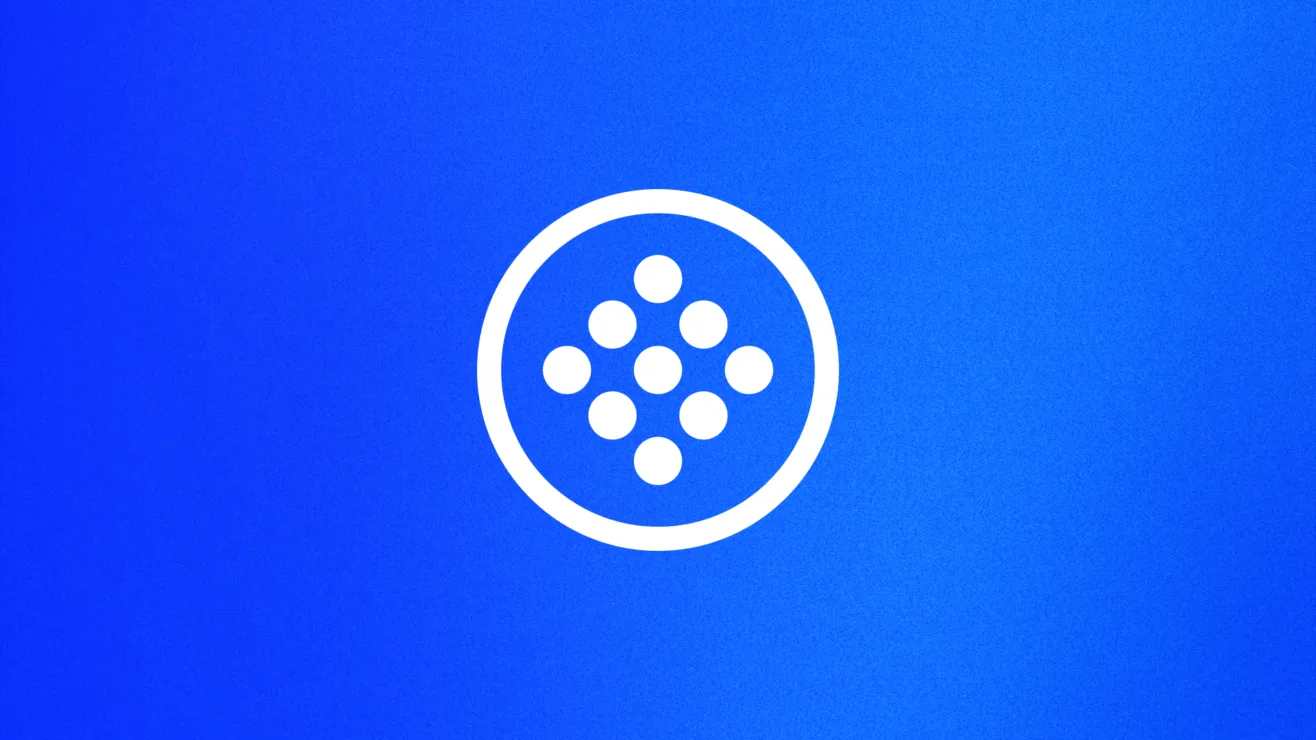 A white dotted circular emblem centered on a vivid royal blue gradient background.