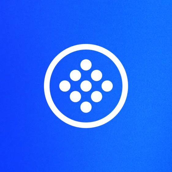 A white dotted circular emblem centered on a vivid royal blue gradient background.