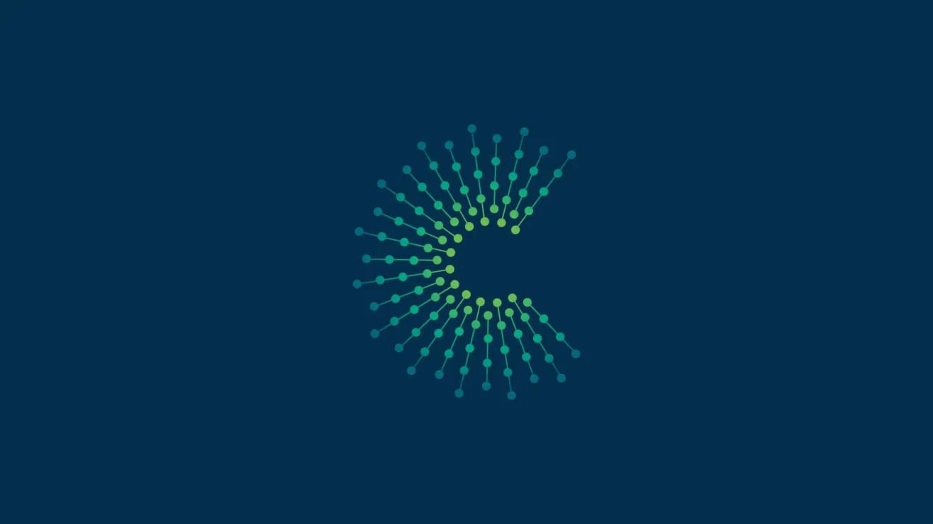 A cyan and green dotted 'C' network emblem centered on a dark navy background.