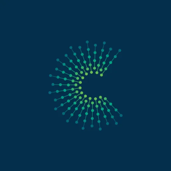 A cyan and green dotted 'C' network emblem centered on a dark navy background.
