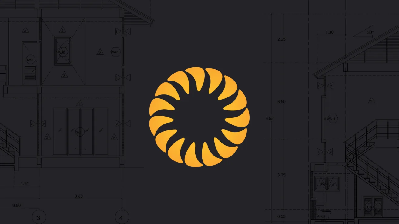 A bright yellow circular sunflower logo centered over dark grey architectural blueprints.