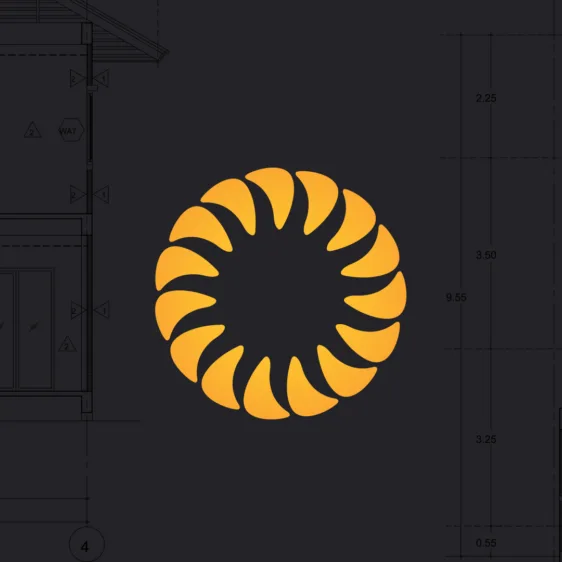 A bright yellow circular sunflower logo centered over dark grey architectural blueprints.