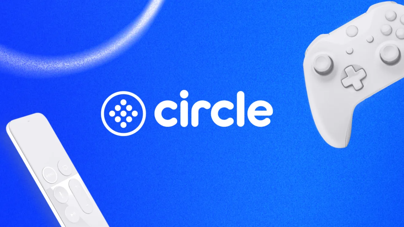 The white Circle logo on a vibrant blue background flanked by a white TV remote and a video game controller.