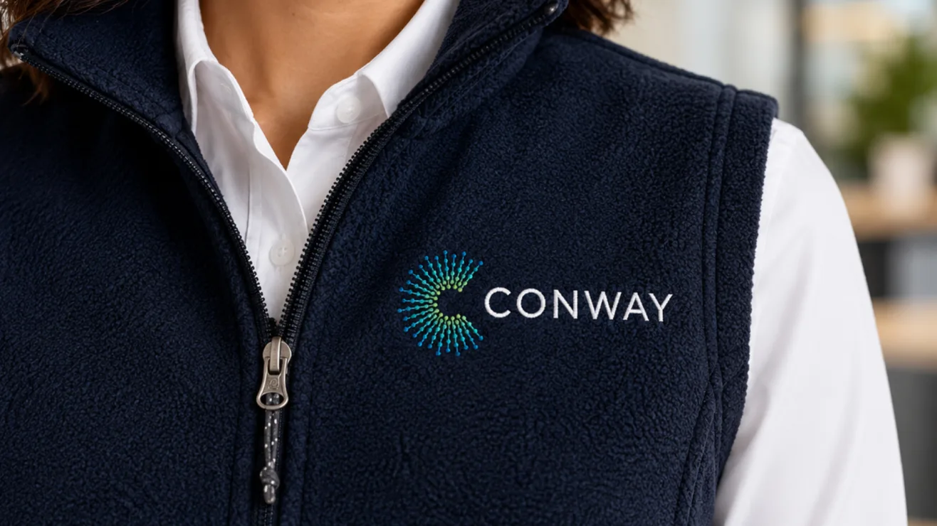 Close-up of a person wearing a navy fleece vest embroidered with the Conway dotted 'C' logo.
