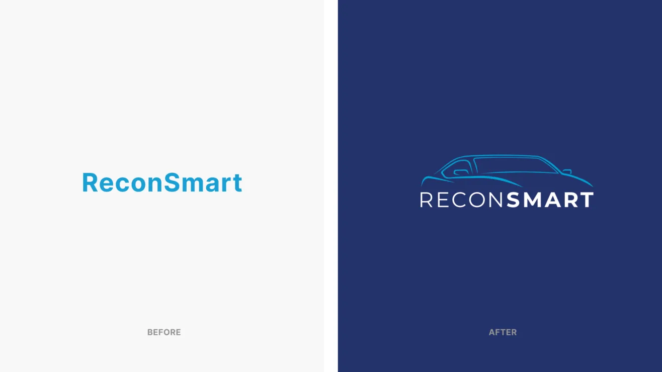 A side-by-side logo comparison showing the original plain blue ReconSmart text next to the new car-outline logo design.