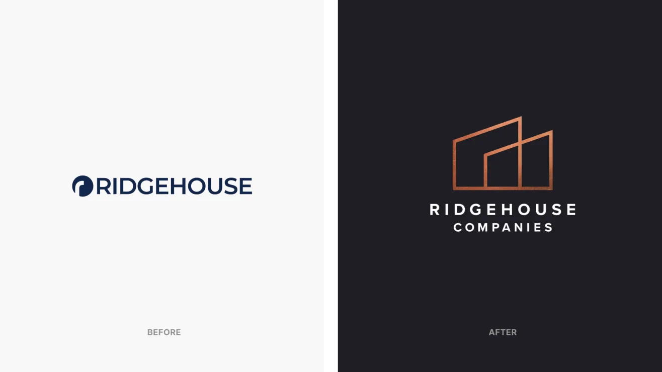 A logo design evolution comparing the "Before" navy text-and-wave icon with the "After" copper building-outline logo for Ridgehouse Companies.