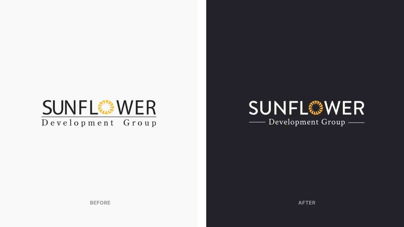 A side-by-side logo comparison showing the "Before" light layout and "After" dark layout for Sunflower Development Group.