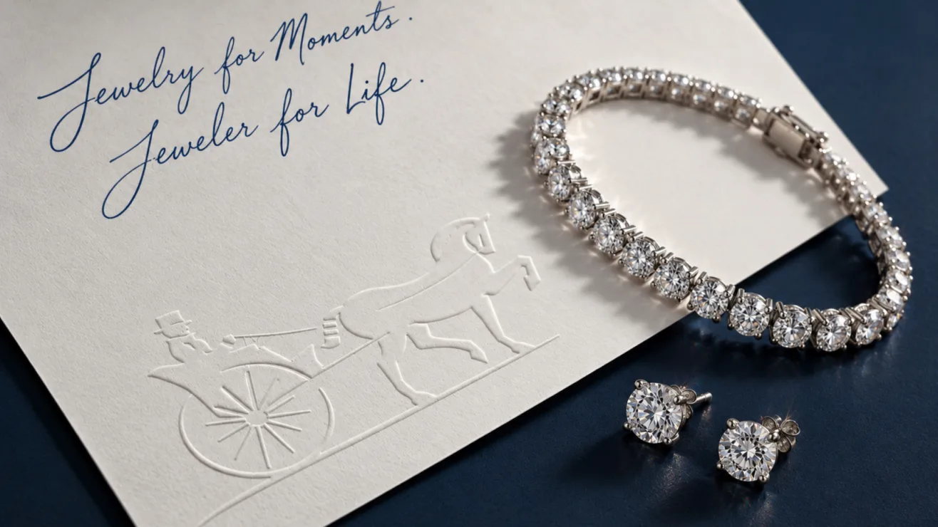 A diamond tennis bracelet and matching stud earrings resting next to an embossed card reading "Jewelry for Moments. Jeweler for Life."