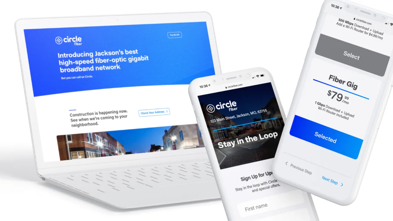A laptop and two smartphones displaying the Circle Fiber website and subscription plan options.