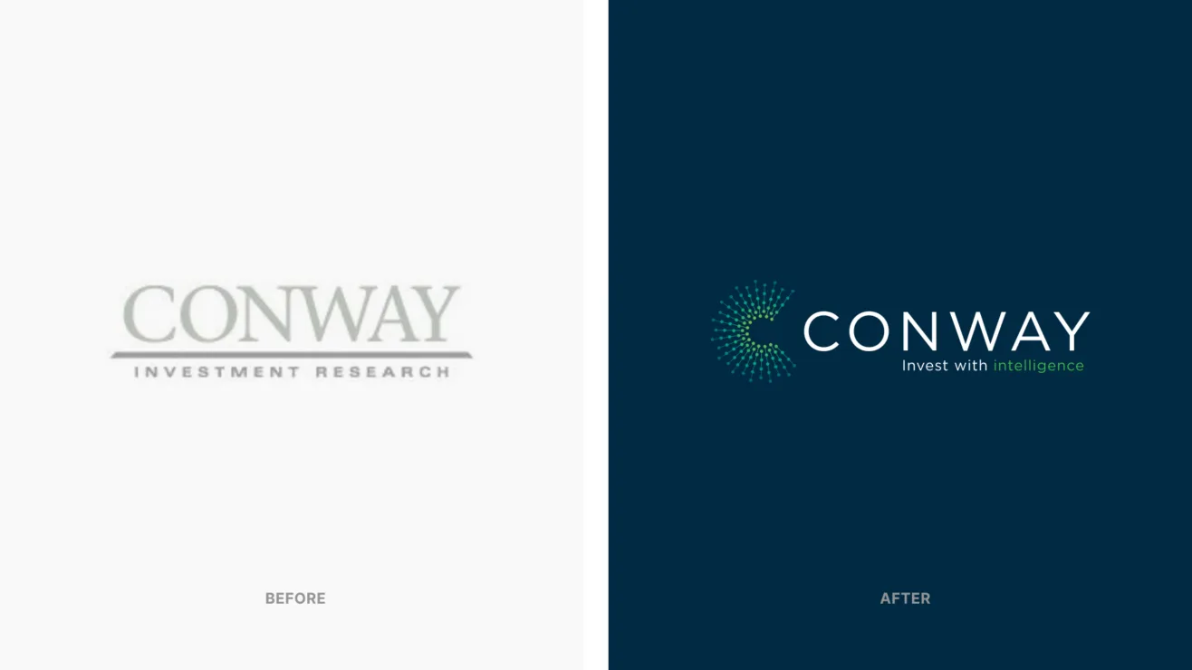 A side-by-side comparison showing the classic serif "Before" logo next to the modern dark blue "After" Conway logo.