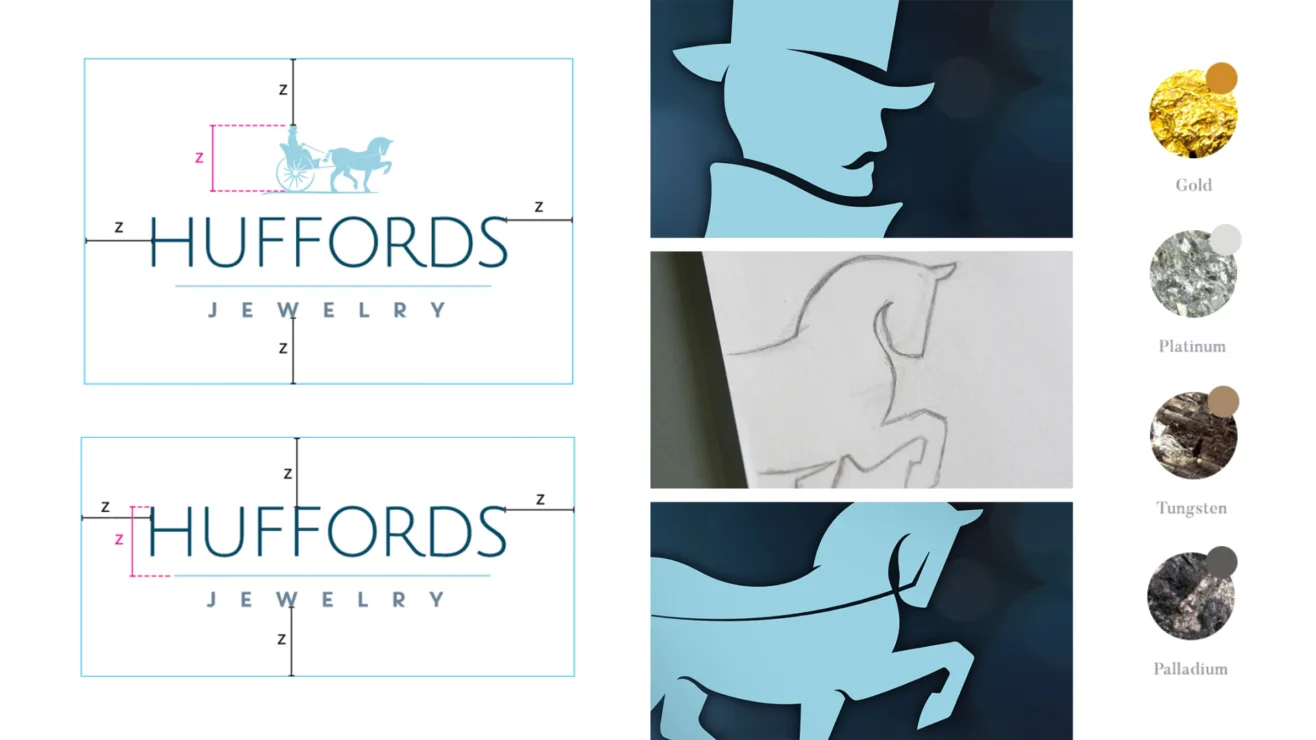 Brand design specifications featuring the Huffords Jewelry logo dimensions, horse-and-carriage icon details, and precious metal swatches.