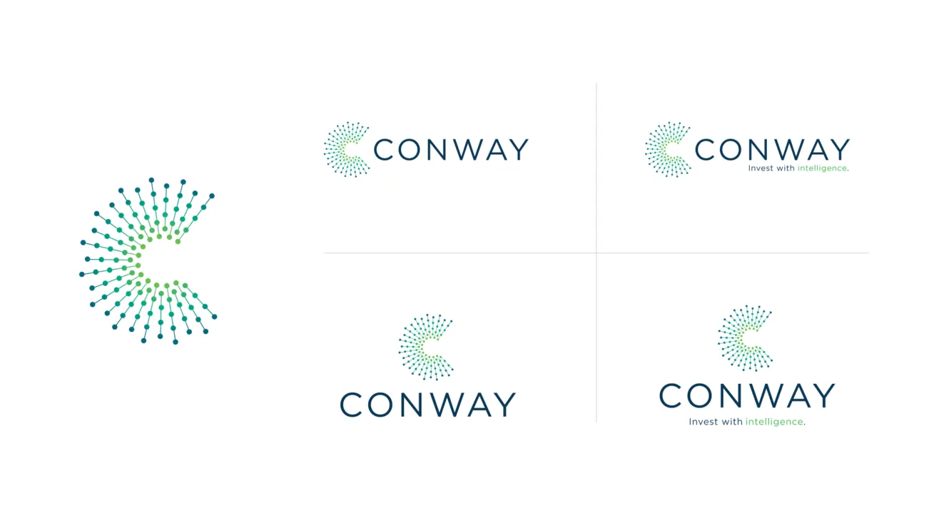 Various layouts orientations of the Conway logo featuring the dotted 'C' icon with and without the tagline "Invest with intelligence."