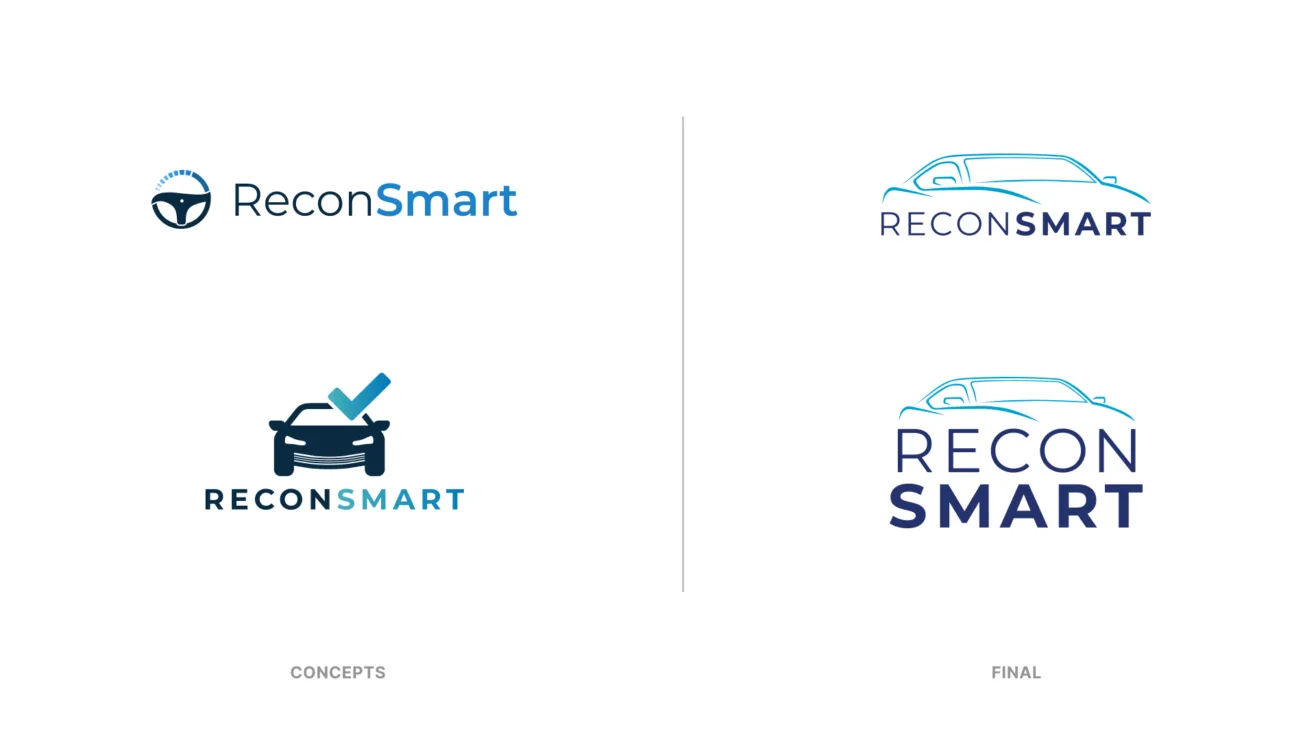 A side-by-side logo progression comparing early ReconSmart concepts with the final car outline branding variations.
