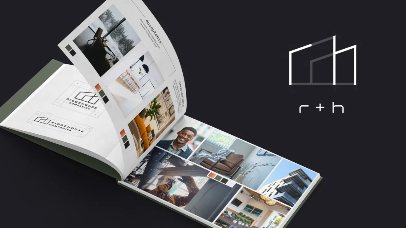 An open brand guidelines book displaying logo rules and image mood boards alongside an architectural "r + h" line logo breakdown.