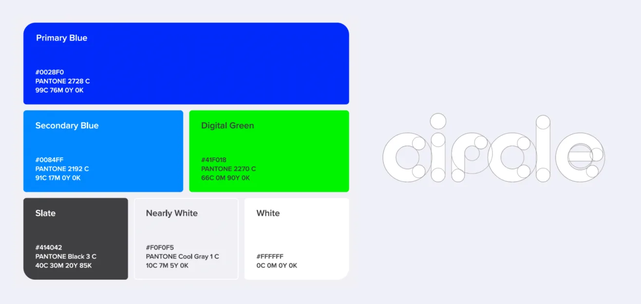 Brand design guide showing color swatches alongside workmark construction geometry for Circle.