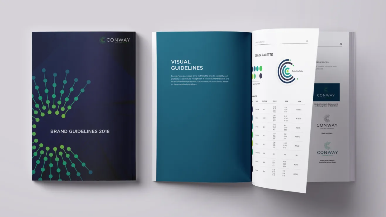 The cover and open interior pages of the Conway Brand Guidelines 2018 document detailing visual style and color palettes.