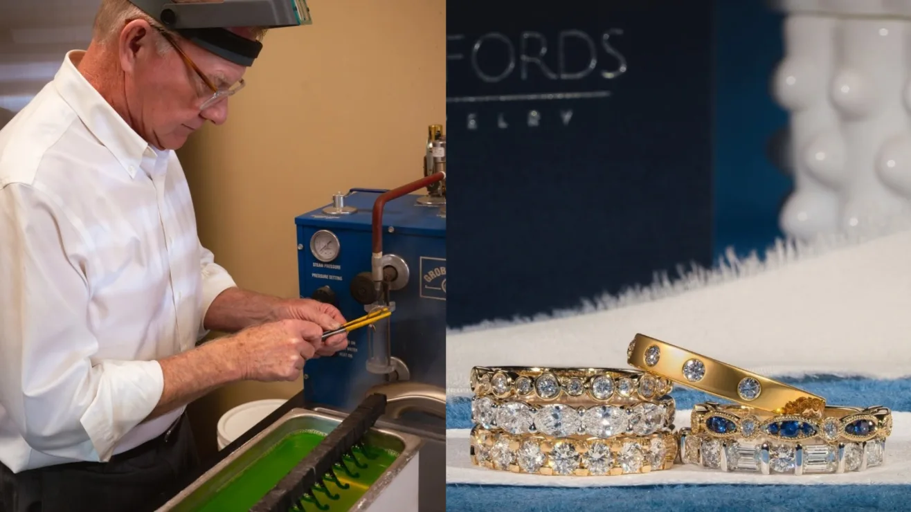 A side-by-side view of a jeweler crafting a piece next to a set of stacked gold and diamond rings.