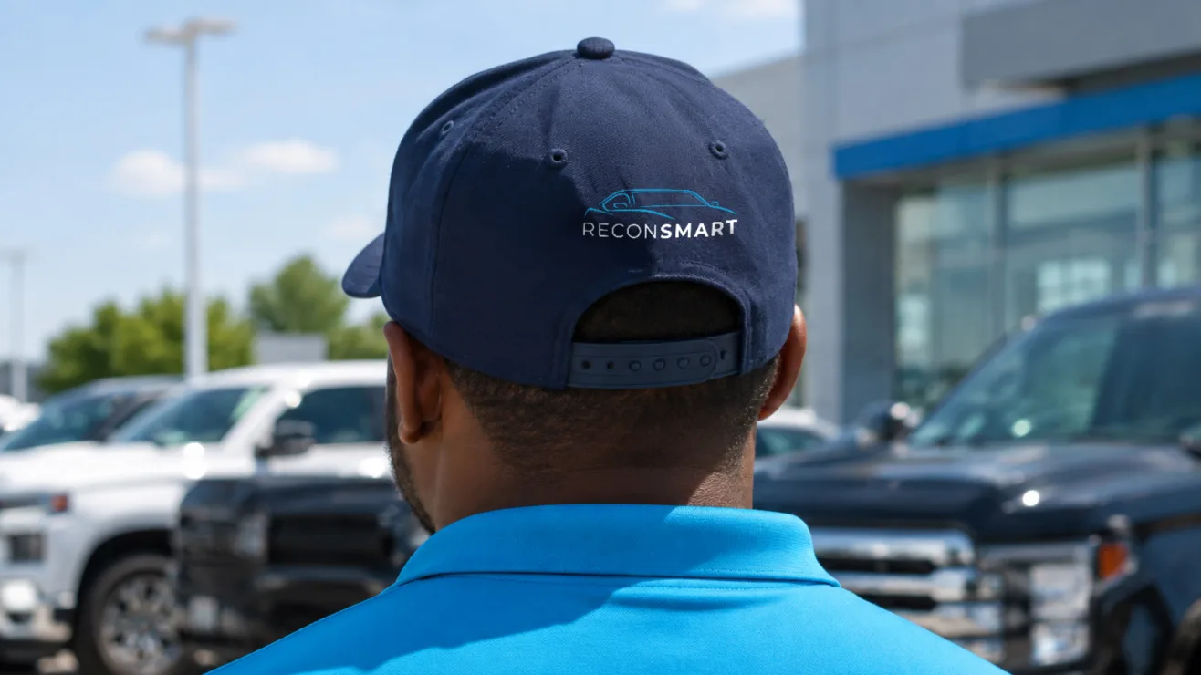Rear view of a worker wearing a blue ReconSmart baseball cap standing in a car dealership lot.