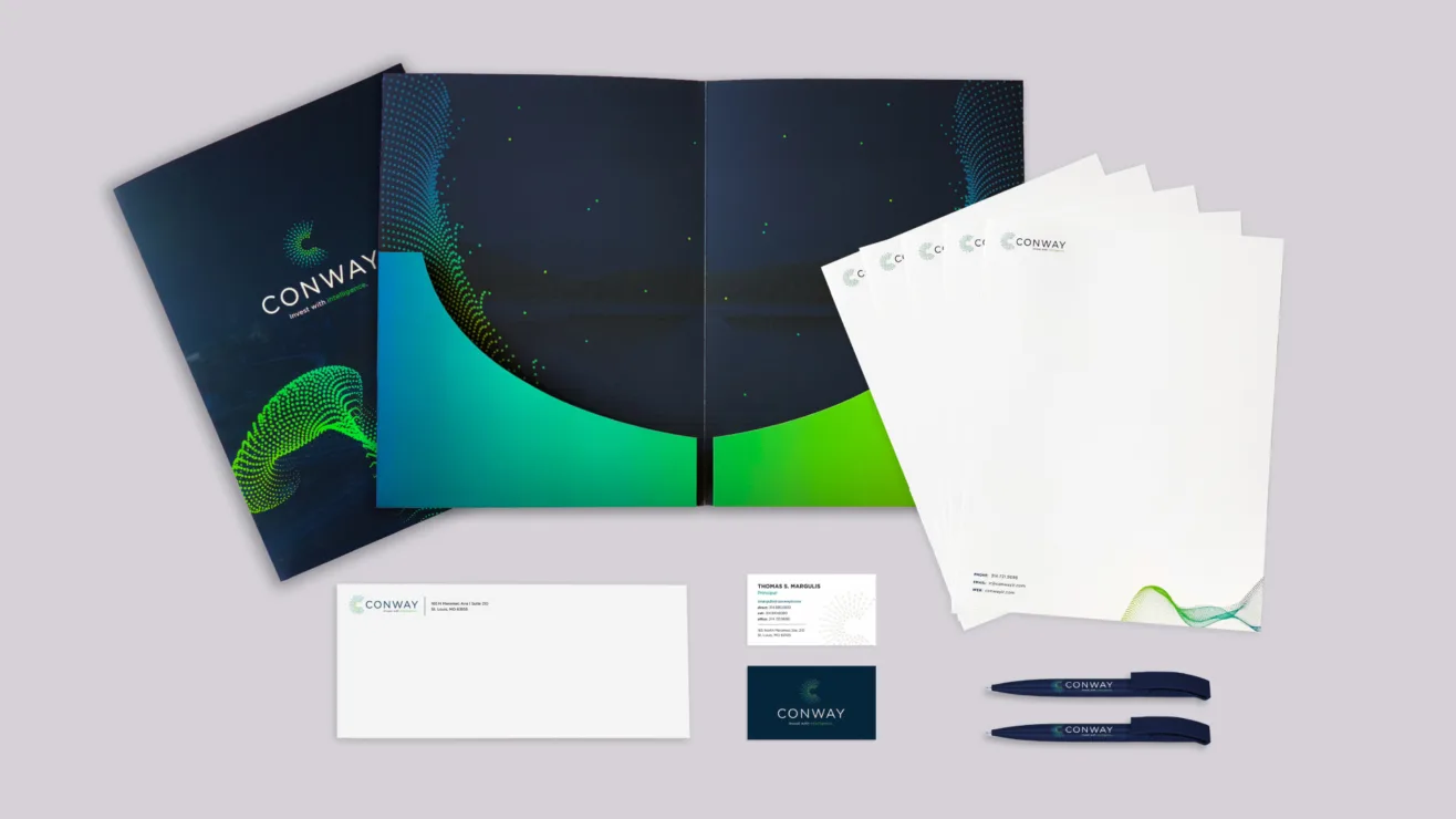 A branded corporate stationery suite for Conway including a folder, letterhead, envelopes, business cards, and pens.