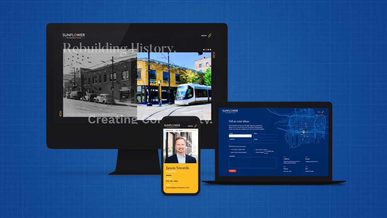 Responsive website designs displayed across desktop, laptop, and mobile screens against a blueprint background.