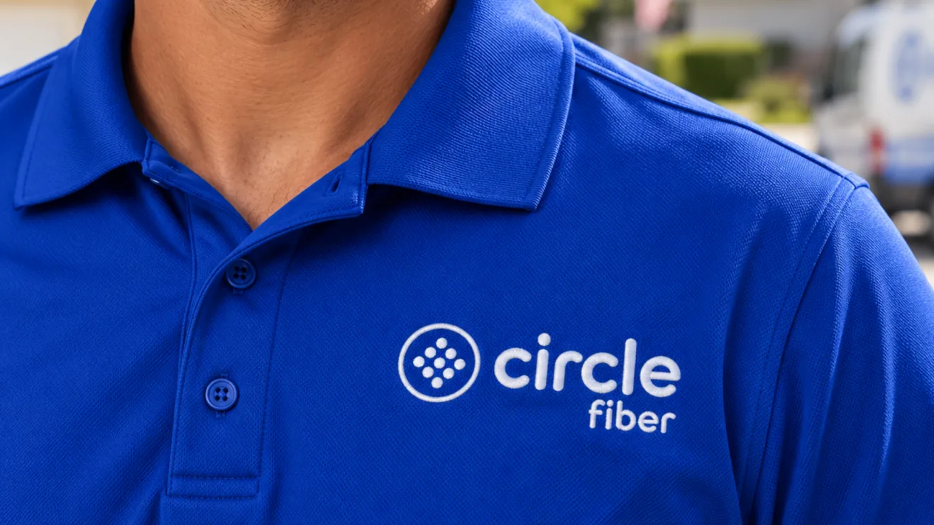 Close-up of a bright blue polo shirt embroidered with the white Circle Fiber logo.