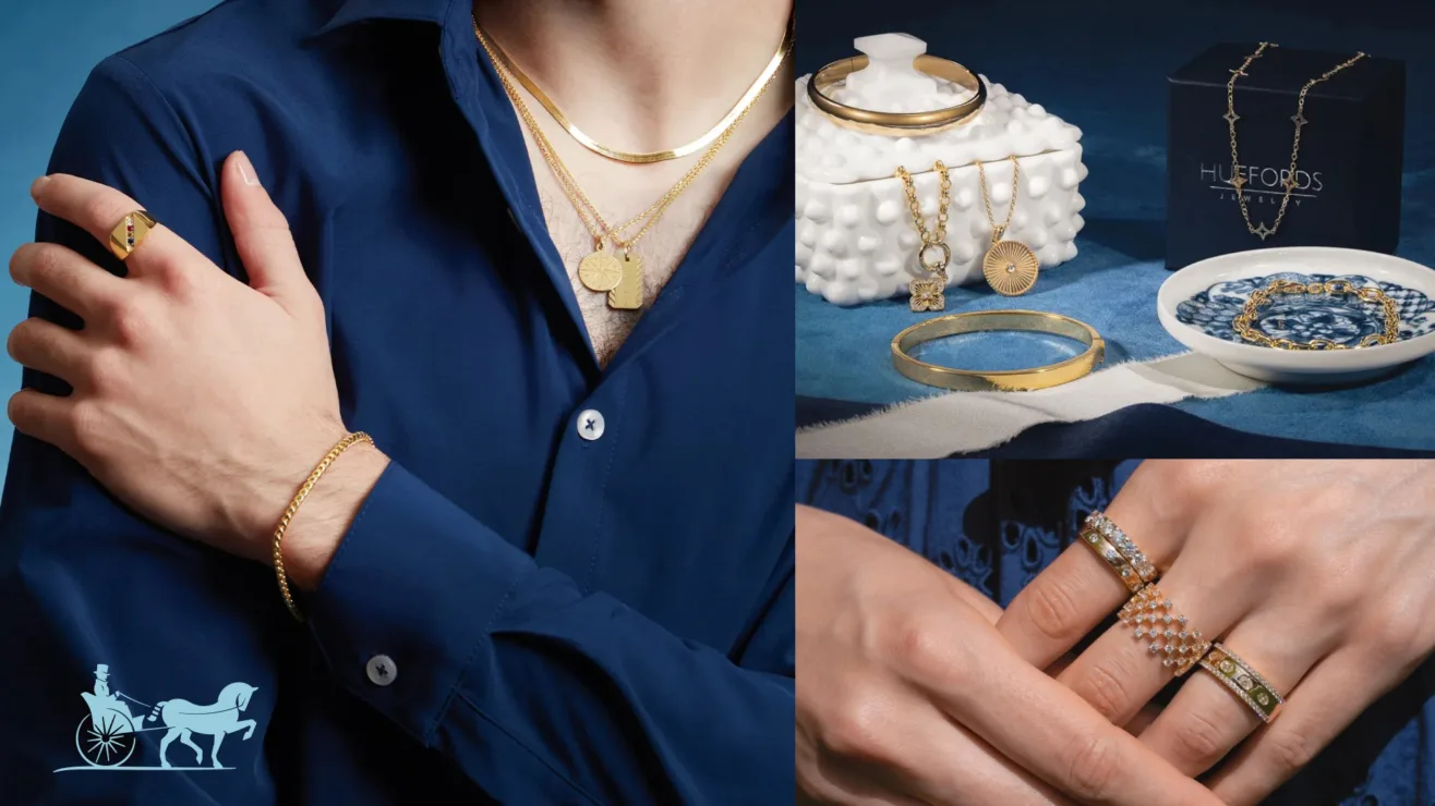 A collage showing a man wearing gold jewelry, gold chains and bangles near a jewelry box, and a hand displaying stacked gemstone rings.