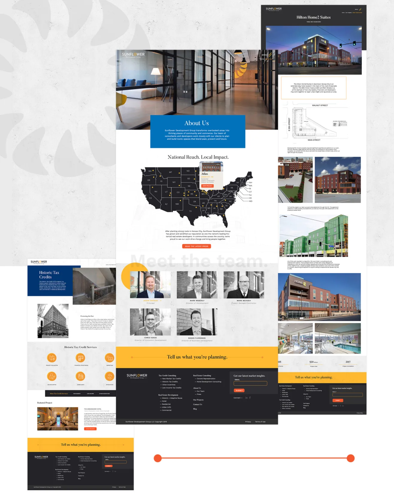Web design mockups for Sunflower Development Group displaying the homepage, team section, and project case studies.
