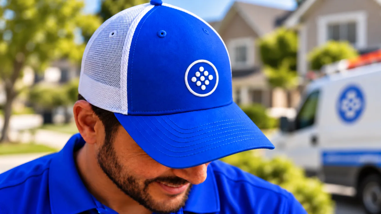 A service worker wearing a blue and white trucker hat featuring a raised Circle Fiber emblem.