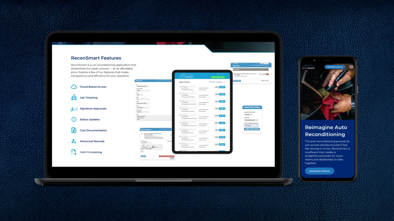 A laptop, tablet, and smartphone displaying the ReconSmart car reconditioning software user interface and features.