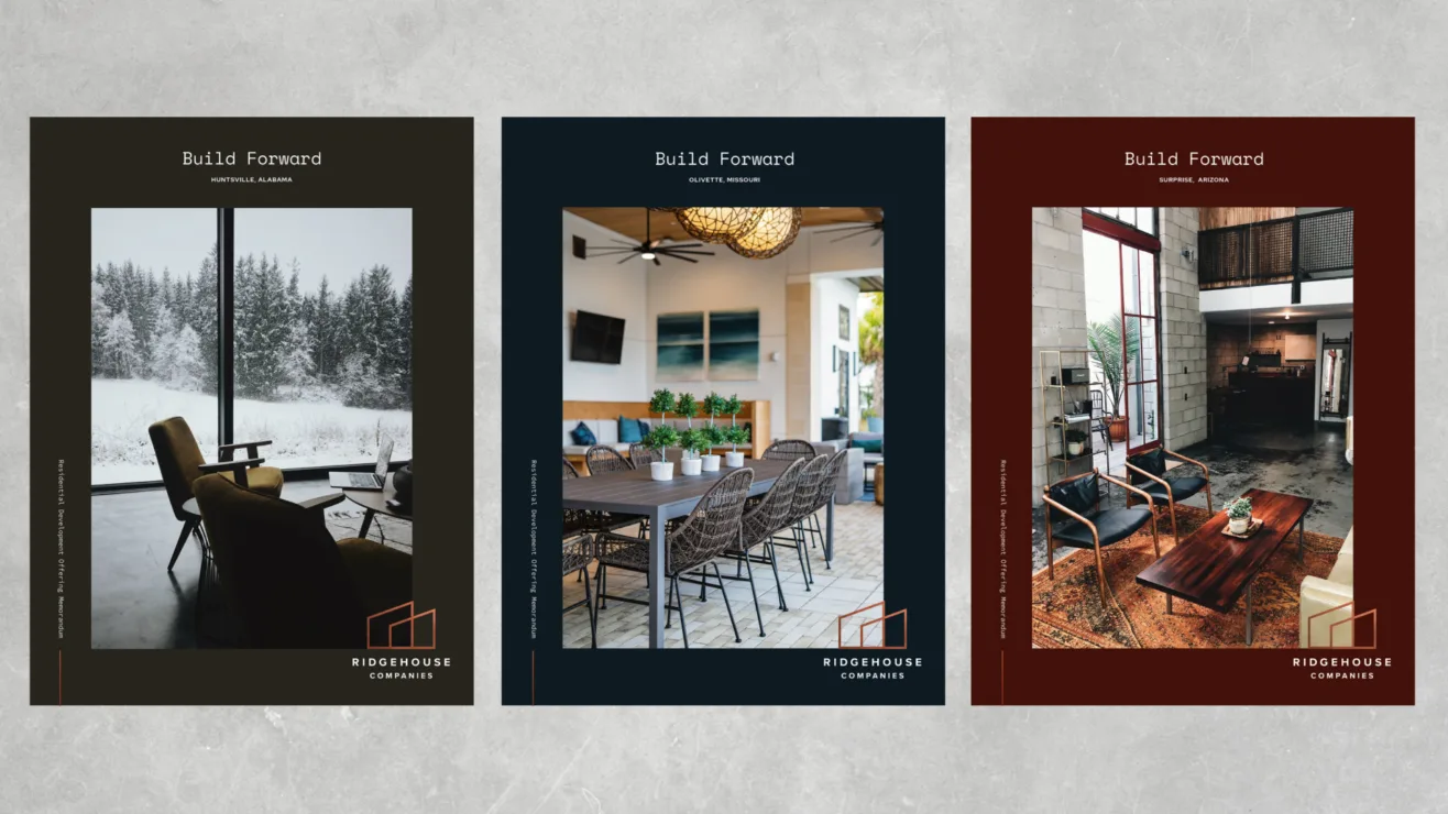 Three vertical brochure covers in olive, navy, and deep red, each featuring interior and exterior property imagery above the tagline "Build Forward".