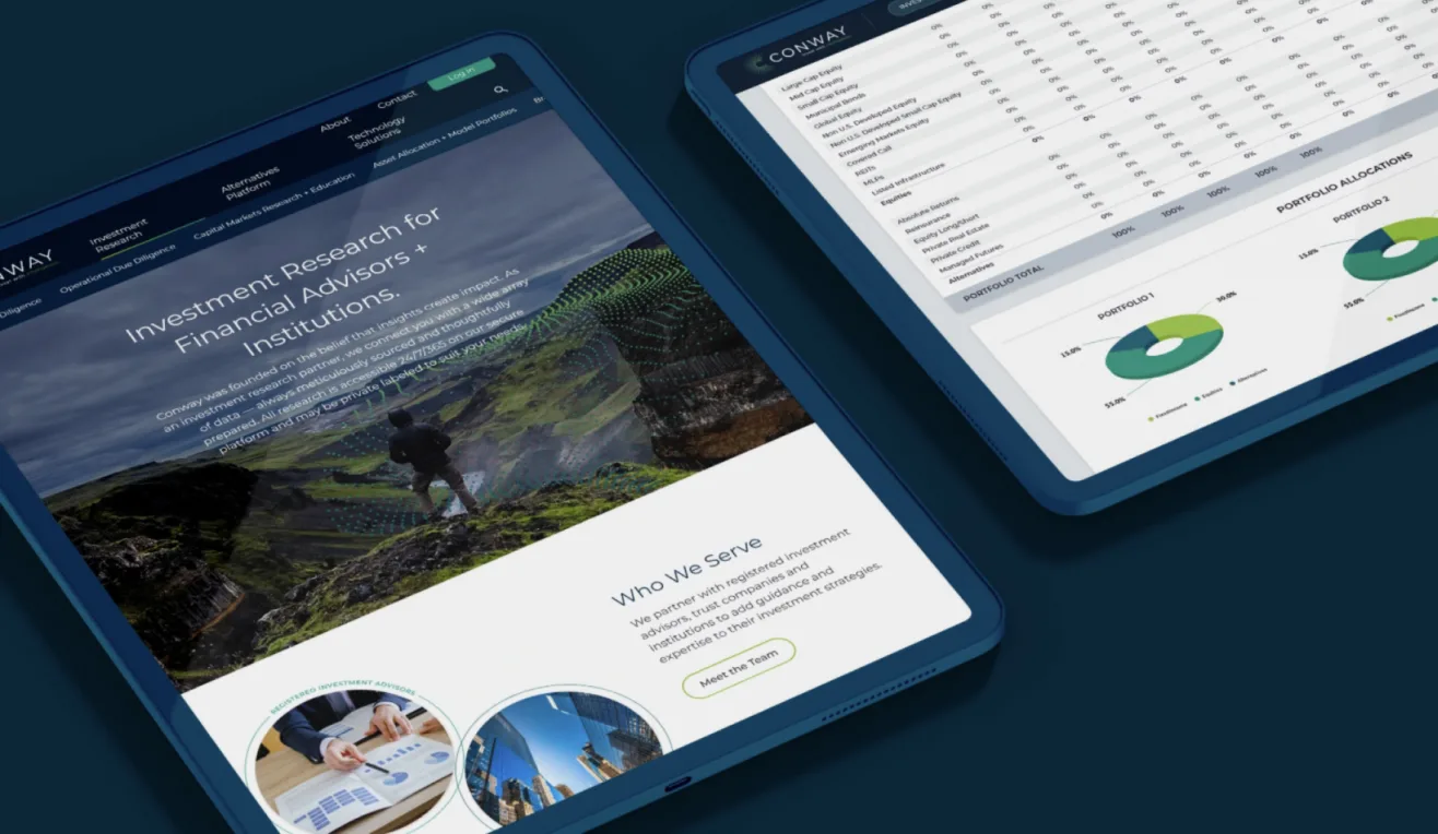 Two tablets side-by-side displaying the Conway investment research website homepage and financial analytics dashboard.
