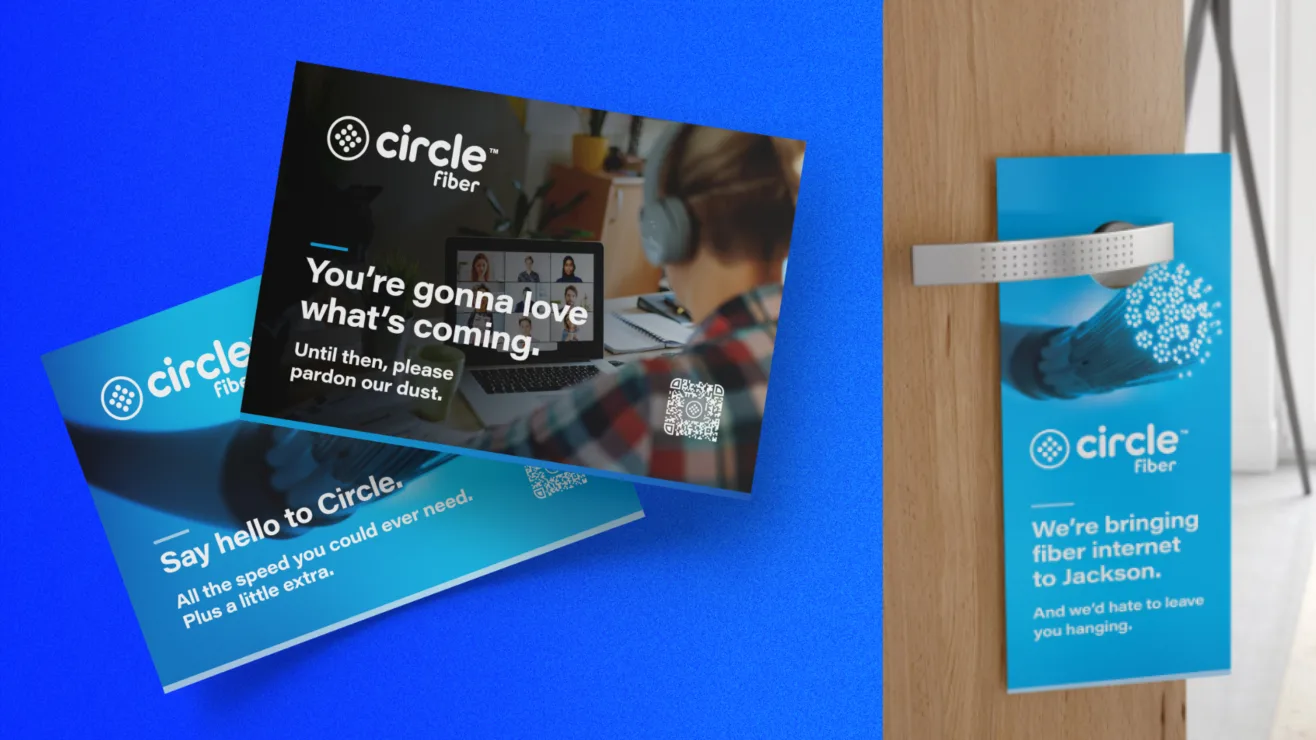 Circle Fiber promotional postcards and a door hanger displaying fiber internet marketing copy.