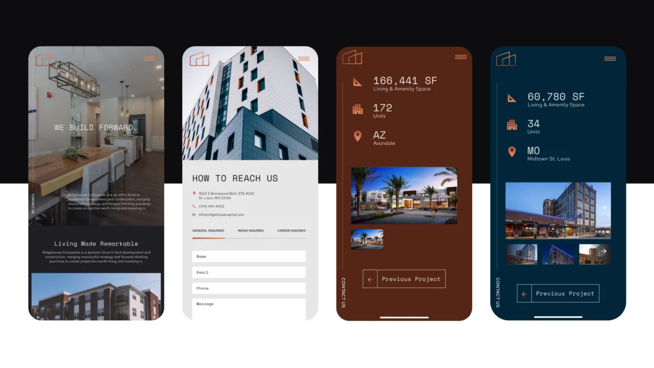 Four mobile screen UI mockups displaying real estate development features, property statistics, and contact forms for Ridgehouse Companies.