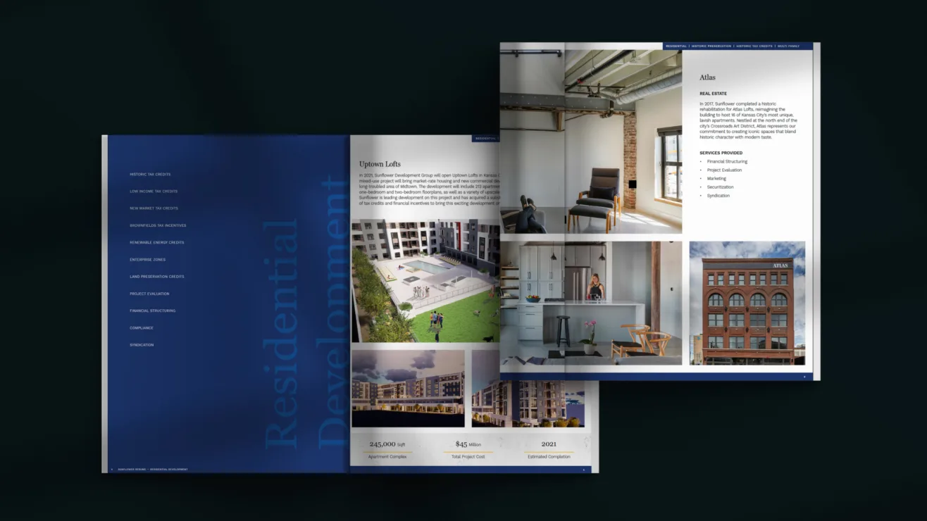 Open pages of a printed real estate development portfolio showing project details, photos, and financial stats.